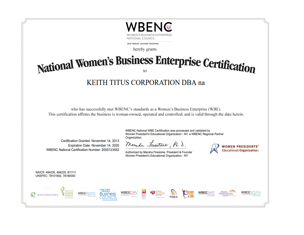 National Women's Business Enterprise Certification to Keith Titus Corporation